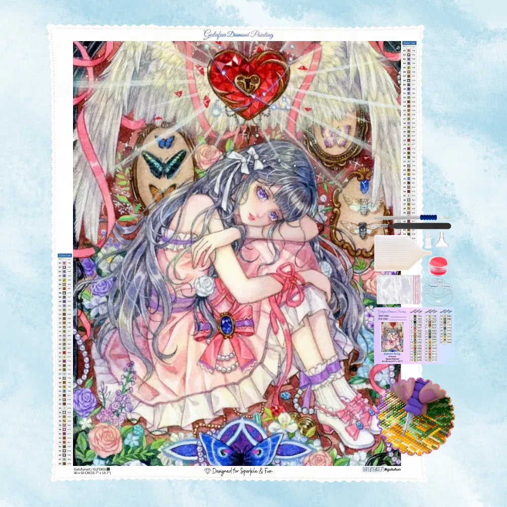 DIY Kristall-Kunst Motiv eines verträumten Anime Mädchens mit Engelsflügeln, einem leuchtenden Kristallherz und blauen Schmetterlingen