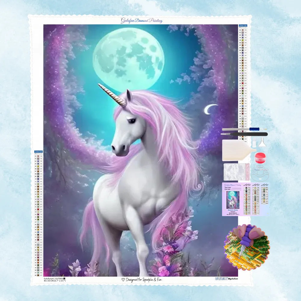 5D Diamant-Bild Motiv eines weißen Einhorns mit rosa-lila Mähne vor einem riesigen leuchtenden Vollmond in einer magischen Nacht