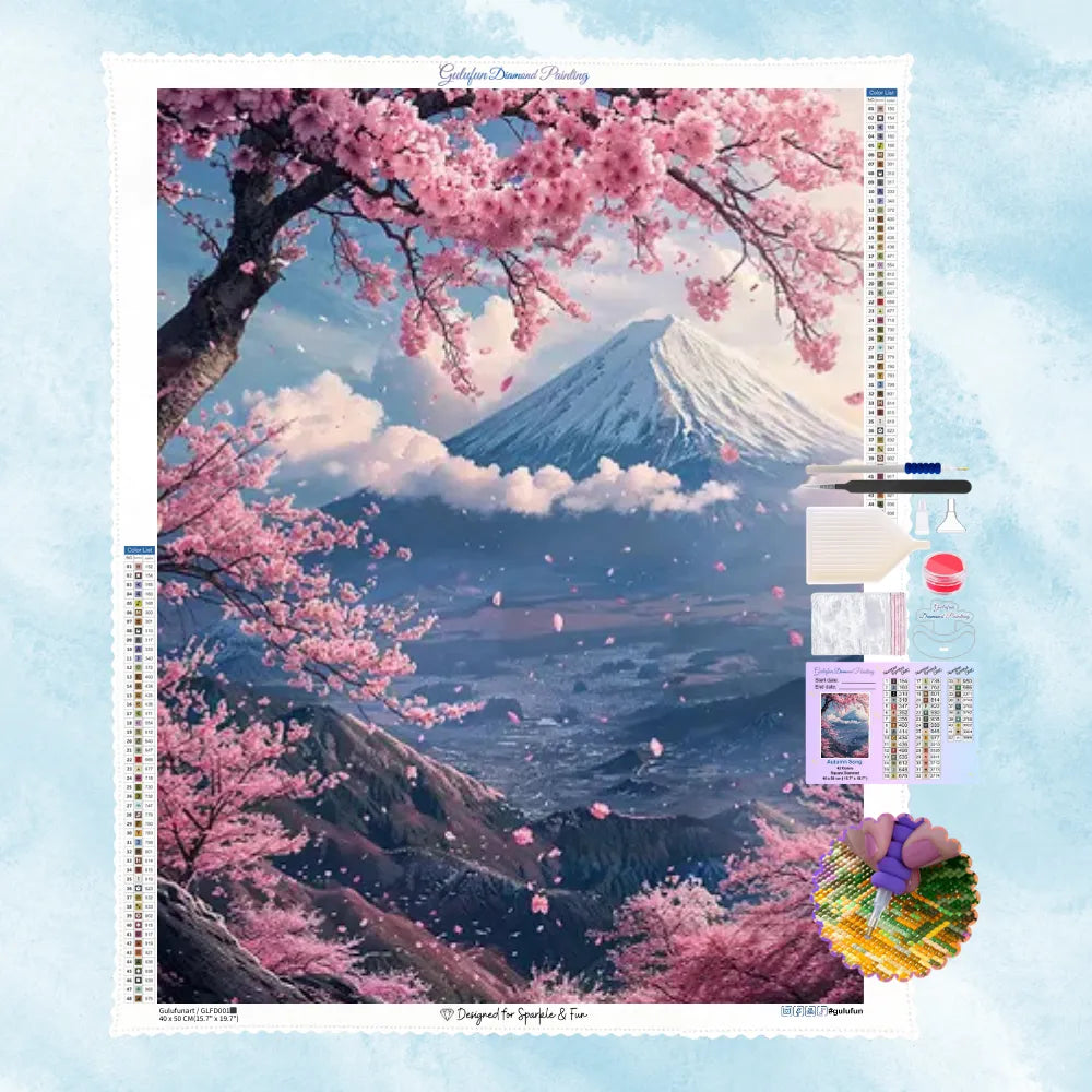 5D Diamant-Gemälde Motiv des majestätischen Berg Fuji umrahmt von tanzenden rosa Kirschblüten im japanischen Frühling