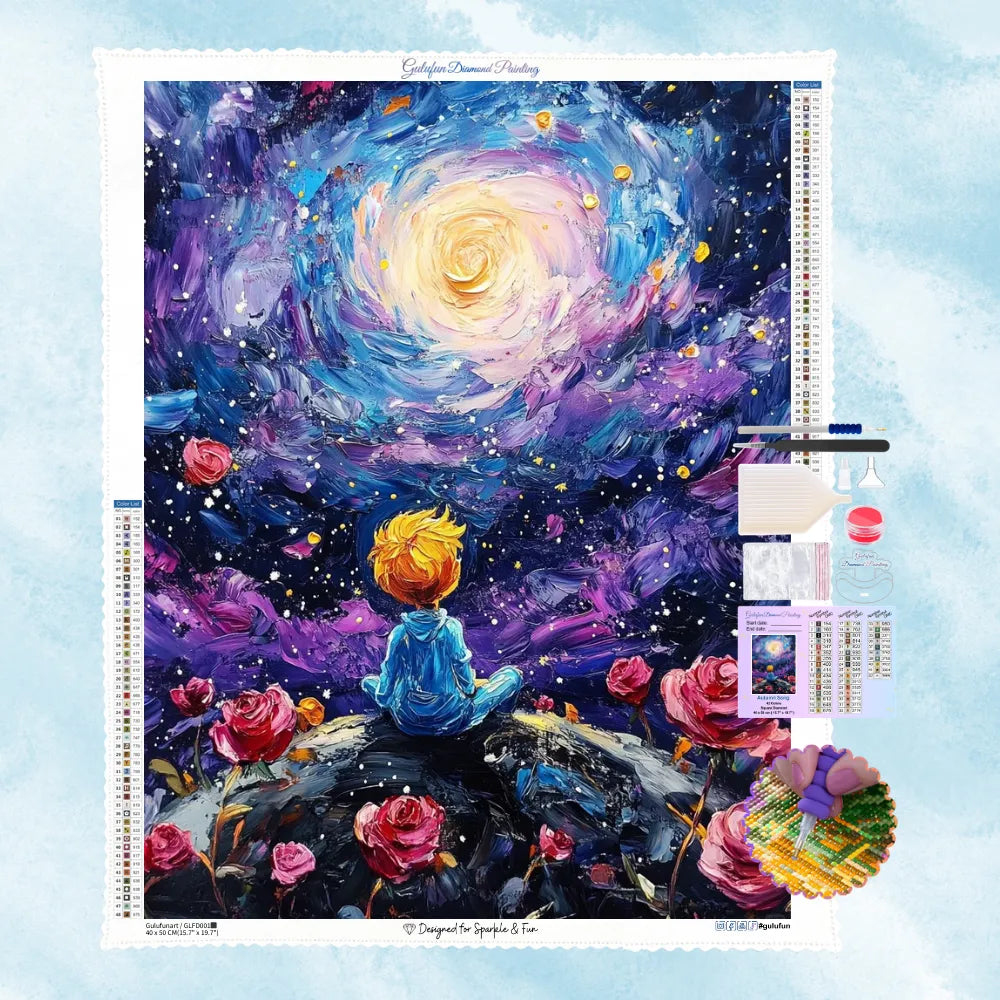 5D Diamant-Gemälde Motiv eines kleinen Prinzen, der zwischen Rosen auf einem Planeten unter einem wirbelnden Sternenhimmel im Impasto-Stil sitzt
