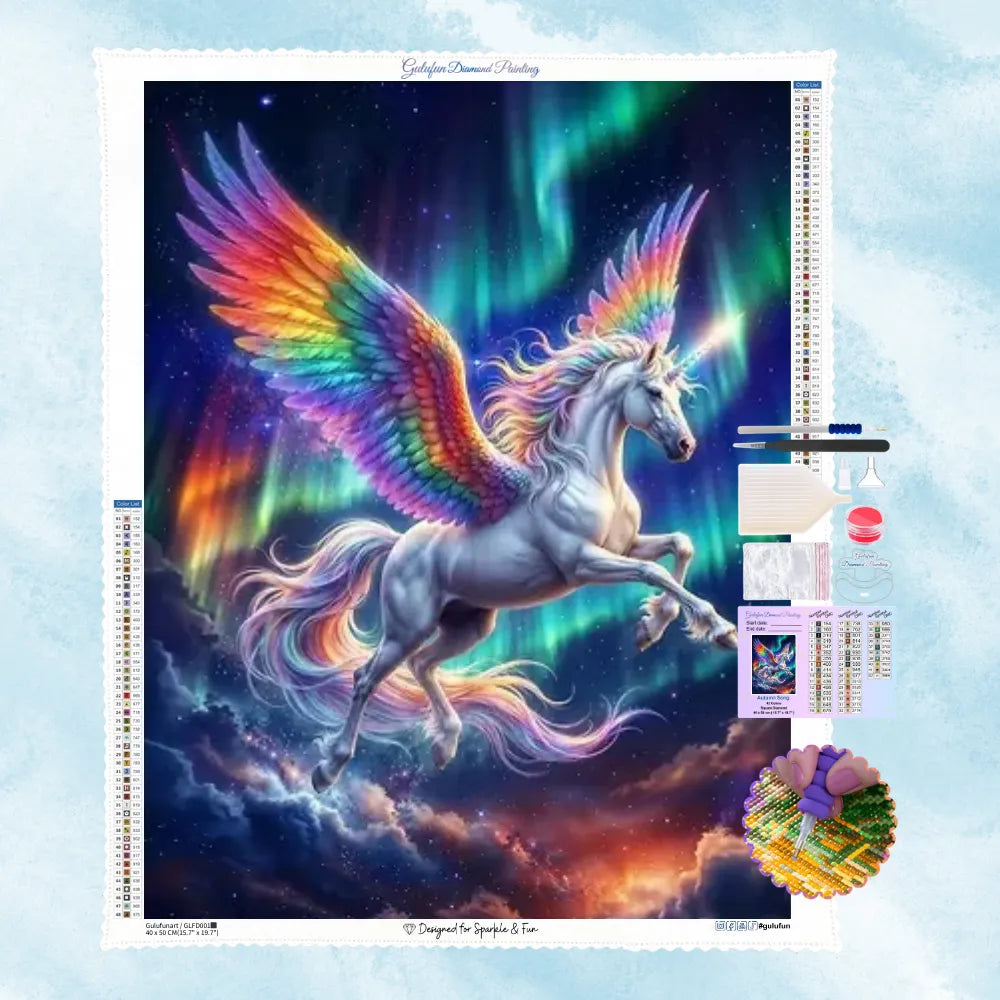 5D Diamant-Gemälde Motiv eines majestätischen geflügelten Einhorns mit Regenbogenflügeln, das vor leuchtenden Polarlichtern aufsteigt