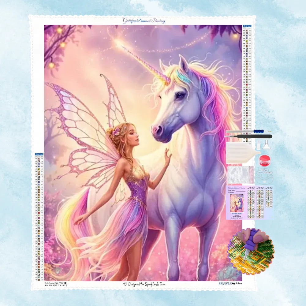5D Diamant-Gemälde Motiv einer Schmetterlingsfee und eines Regenbogen-Einhorns in einer magischen Pastellwelt
