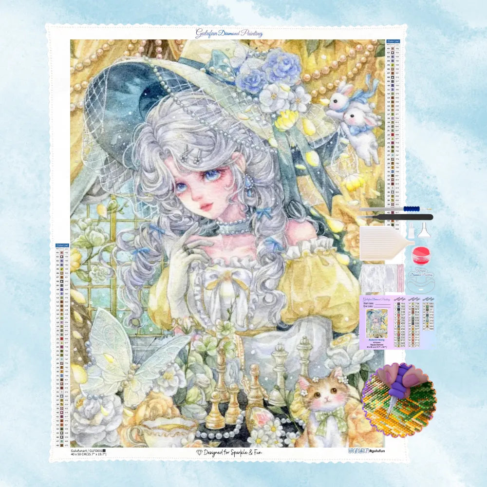 5D Diamant-Motiv eines eleganten Mädchens im Lolita-Stil bei einer magischen Teeparty mit Schachfiguren, Rosen und Häschen