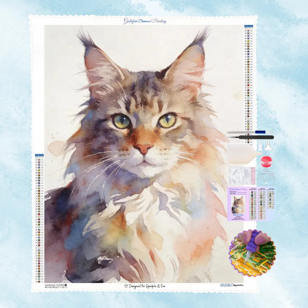 5D Diamant-Portrait Motiv einer flauschigen Maine Coon Katze im sanften Aquarell-Stil mit Pastellfarben