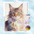 5D Diamant-Portrait Motiv einer flauschigen Maine Coon Katze im sanften Aquarell-Stil mit Pastellfarben