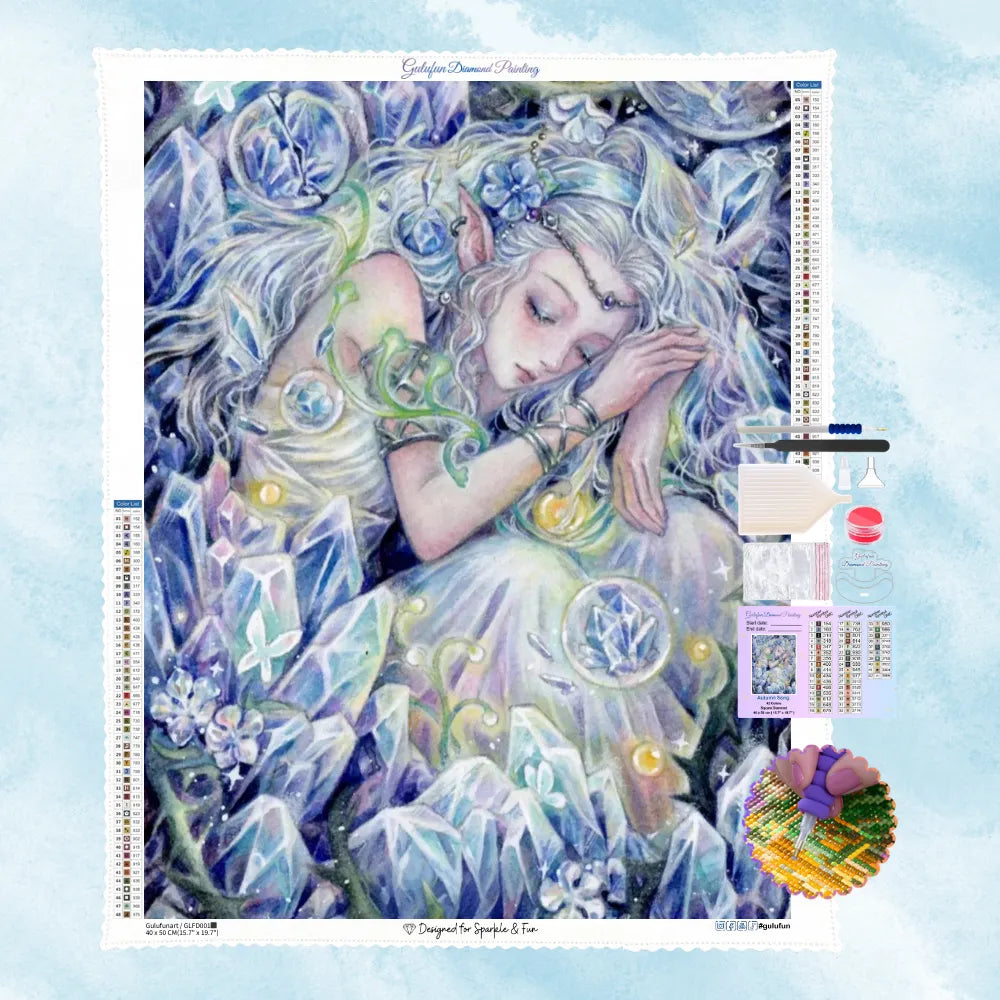 5D Diamant-Portrait Motiv einer friedlich schlafenden Elfe, umgeben von riesigen leuchtend blauen Kristallen und Dornenranken