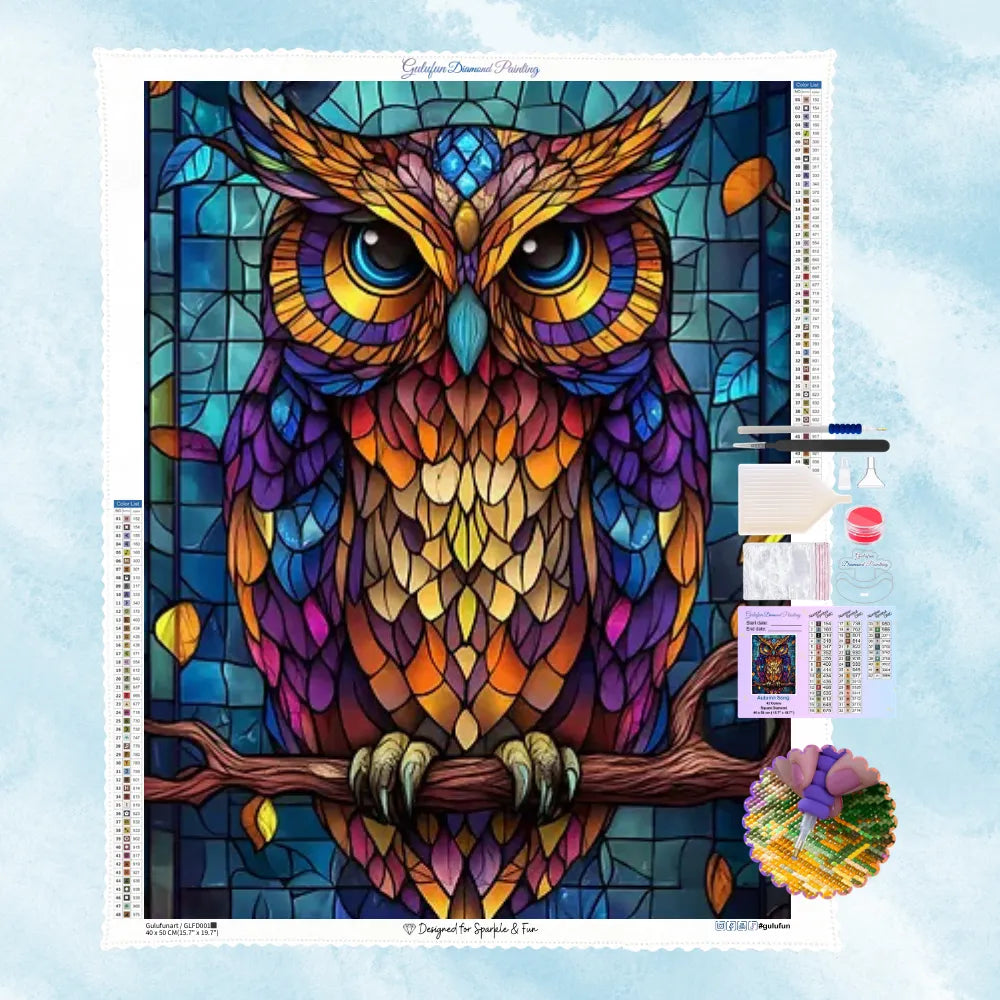 5D Diamant-Puzzle Motiv einer majestätischen Eule im farbenprächtigen Mosaik-Stil auf einem Ast