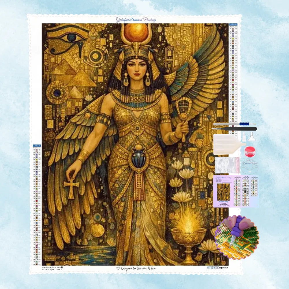 5D Diamantbild einer ägyptischen Göttin mit Flügeln und Ankh in goldenen Ornamenten