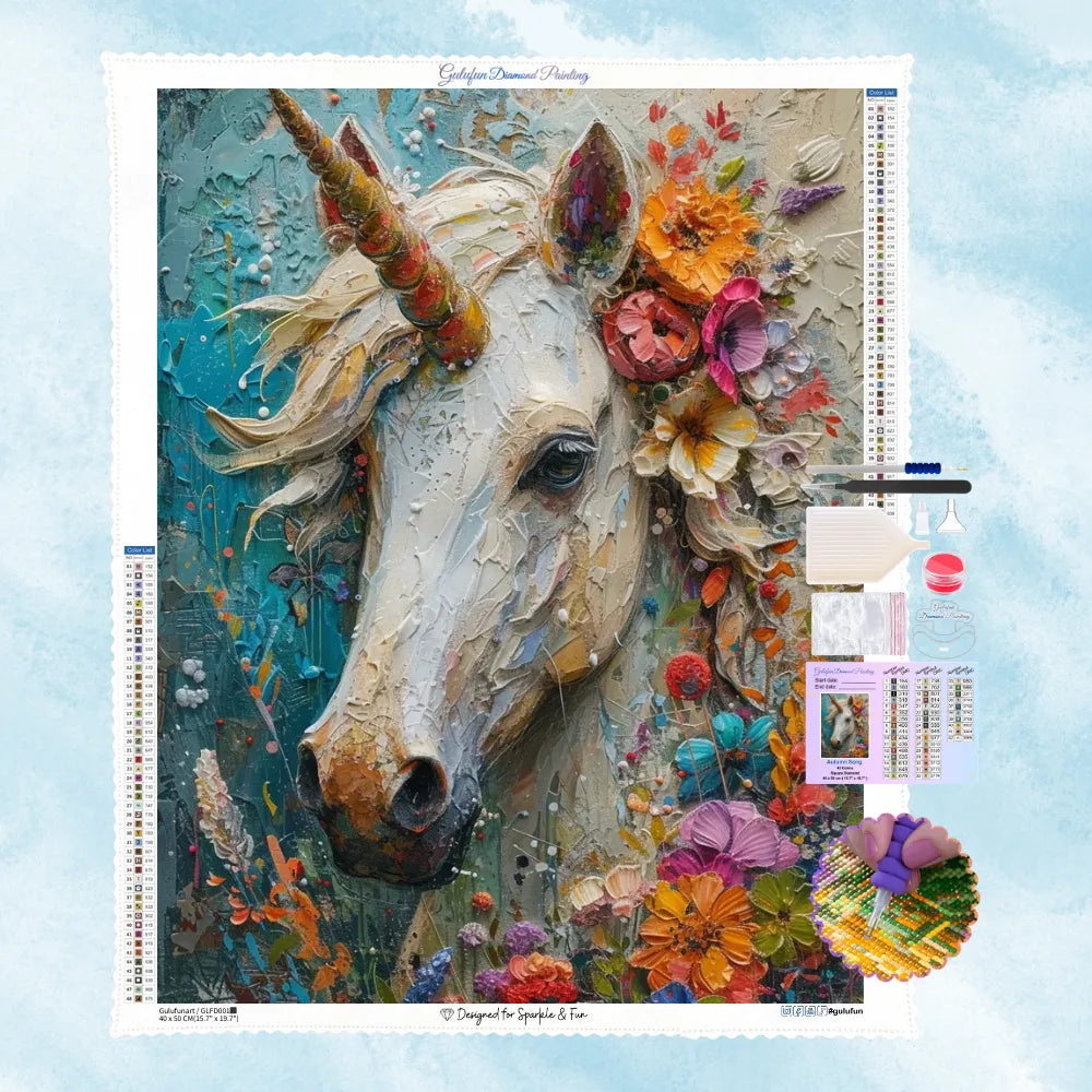 5D Diamantbild Motiv eines majestätischen Einhorns mit bunter Blumenmähne in strukturierter Spachteltechnik und Impasto-Optik