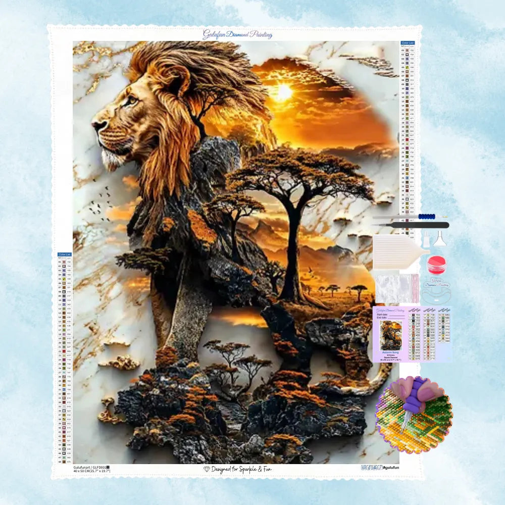 5D Diamantbild Motiv einer Doppelbelichtung: Ein stolzes Löwenprofil verschmilzt mit einer afrikanischen Savanne bei Sonnenuntergang auf Marmor