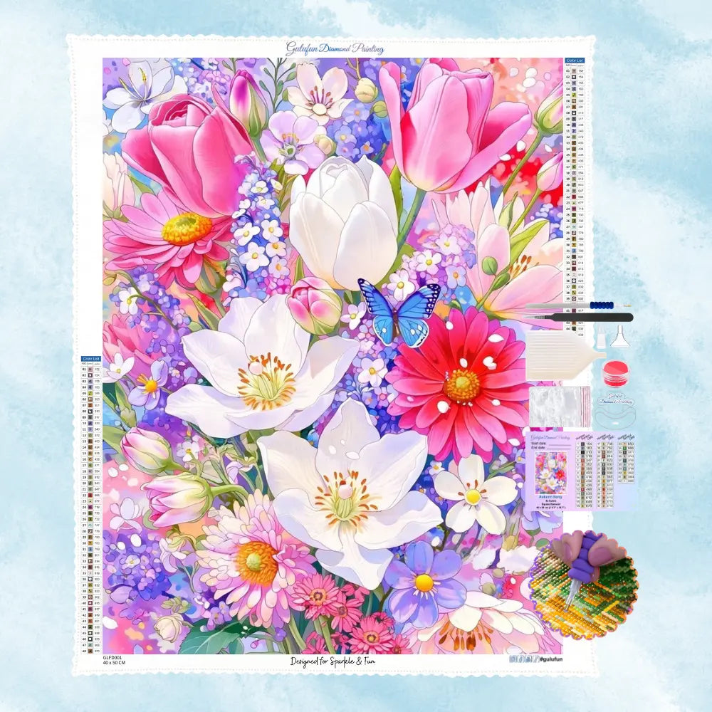 5D Diamond Painting Motiv eines üppigen und farbintensiven Blumenstraußes mit einem blauen Schmetterling im Frühling