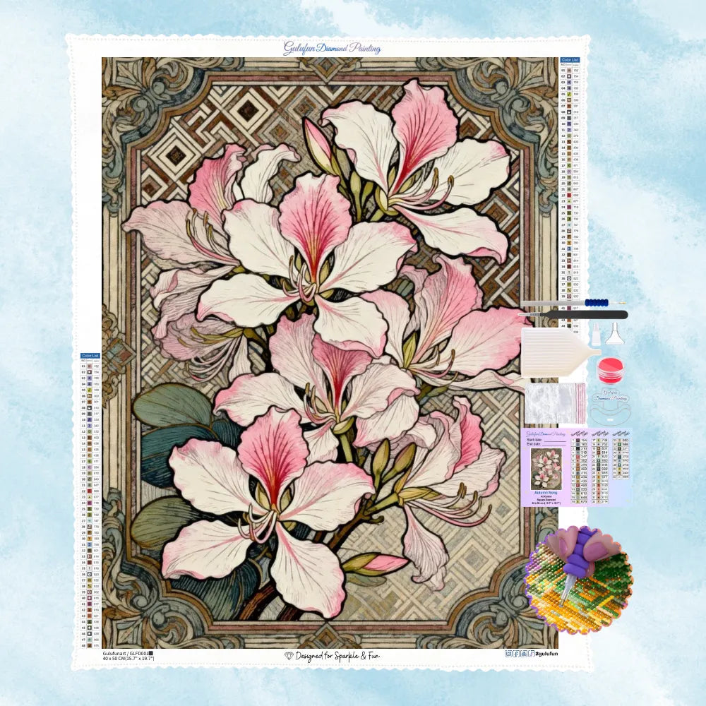 5D Edelstein-Bild Motiv einer klassischen botanischen Illustration mit rosa Blüten und einem eleganten antiken Rahmen