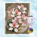 5D Edelstein-Bild Motiv einer klassischen botanischen Illustration mit rosa Blüten und einem eleganten antiken Rahmen