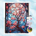 Kunstvolles Diamant-Puzzle Motiv eines blühenden Baumes mit rosa Blüten im eleganten Buntglas und Glasmalerei Stil