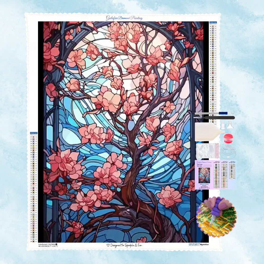 Kunstvolles Diamant-Puzzle Motiv eines blühenden Baumes mit rosa Blüten im eleganten Buntglas und Glasmalerei Stil