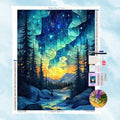 5D Kristall-Set Motiv eines verschneiten Winterwaldes mit Tannen und leuchtendem Sternenhimmel im Buntglas-Stil