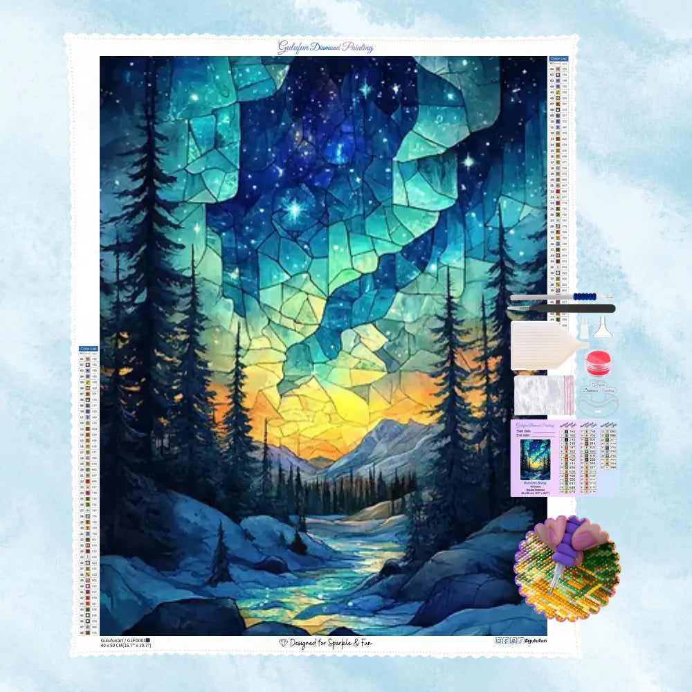 5D Kristall-Set Motiv eines verschneiten Winterwaldes mit Tannen und leuchtendem Sternenhimmel im Buntglas-Stil