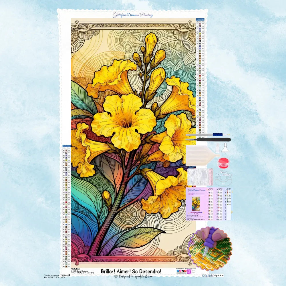 5D Kristallbild Motiv von leuchtend gelben Blüten mit grünen Blättern vor einem abstrakten ornamentalen Jugendstil Hintergrund