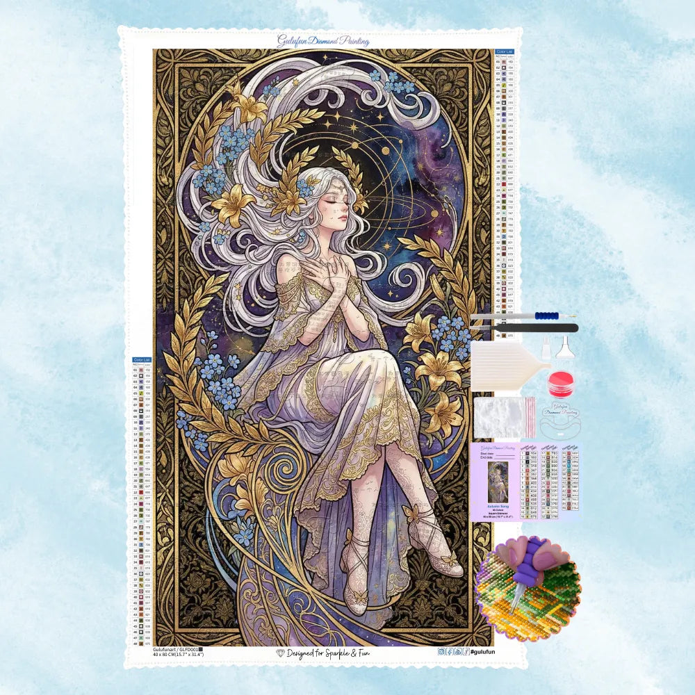 5D Strass-Kunstwerk Motiv einer anmutigen Sternengöttin im Tarot-Stil mit goldenen Ranken und kosmischem Sternen-Hintergrund