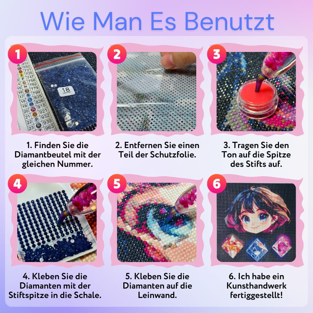 Schritt-für-Schritt-Anleitung für Diamond Painting: Von der Vorbereitung der Steine über das Auftragen von Wachs bis zum fertigen Kunstwerk.