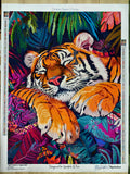 Fertiges Diamond Painting Tigerschlaf mit Premium-Samtleinwand, 84 Farben und quadratischen Harzdiamanten.