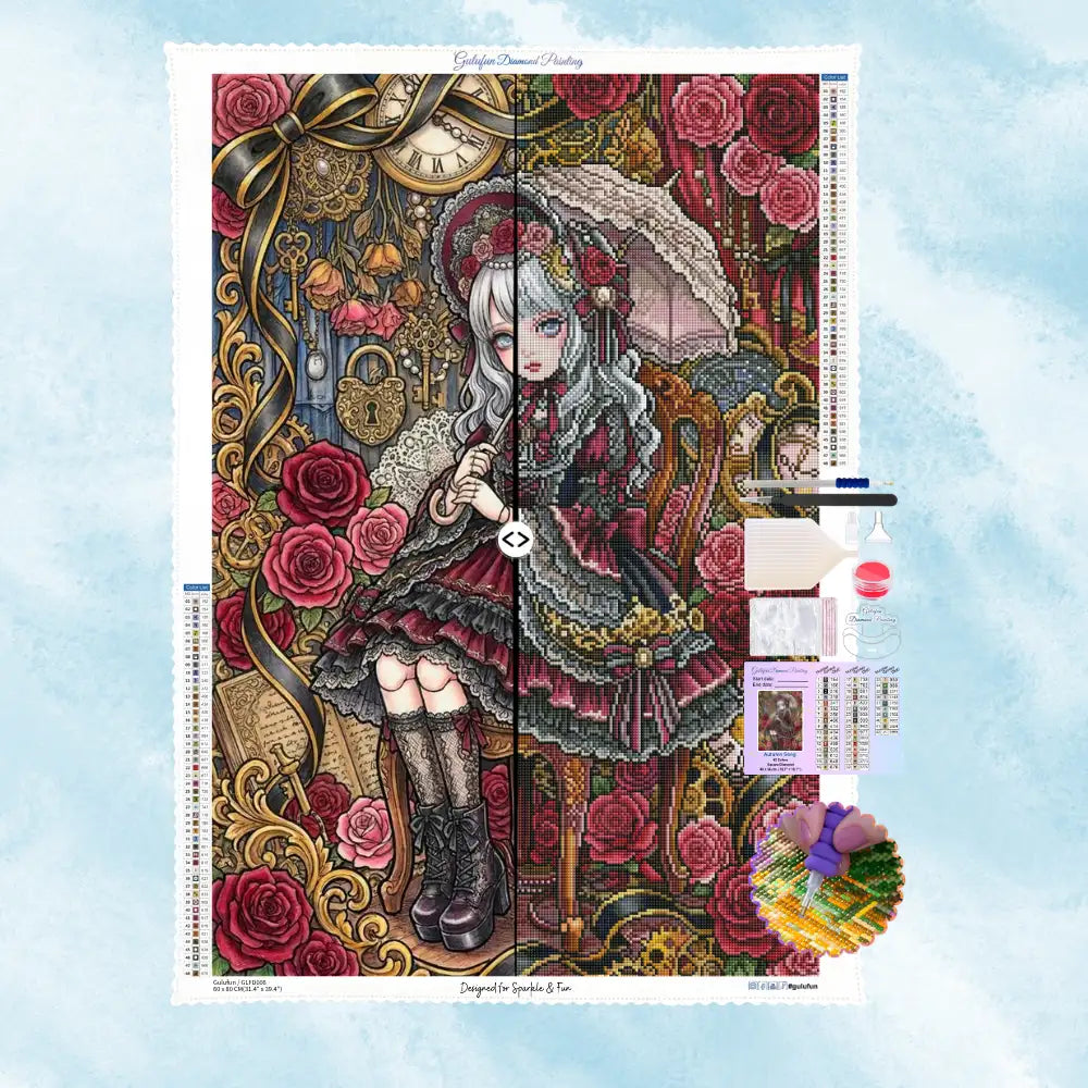 Diamond Painting Set Die Ewige Rose mit Leinwand, Zubehör und romantischem Gothic-Design