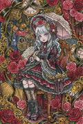 Fertiges Diamond Painting Die Ewige Rose mit einem Gothic-Mädchen, Rosen und alten Uhren