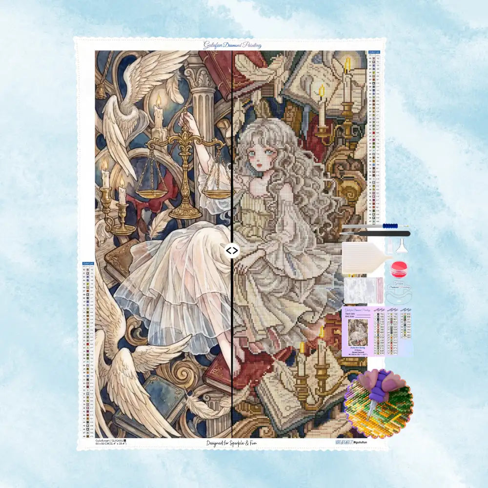 Diamond Painting Set Die Himmlische Waage mit einer jungen Frau, Engeln, einer Waage und Kerzen