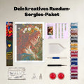 Lieferumfang des Gulufunart Diamond Painting Sets Herbstmelodie (GLFD001): Hochwertige Samt-Leinwand, bunte Diamanten-Beutel, Werkzeugstift mit ergonomischem Griff, Schüttelschale, Wachsdosen und Zubehör auf hellem Hintergrund.