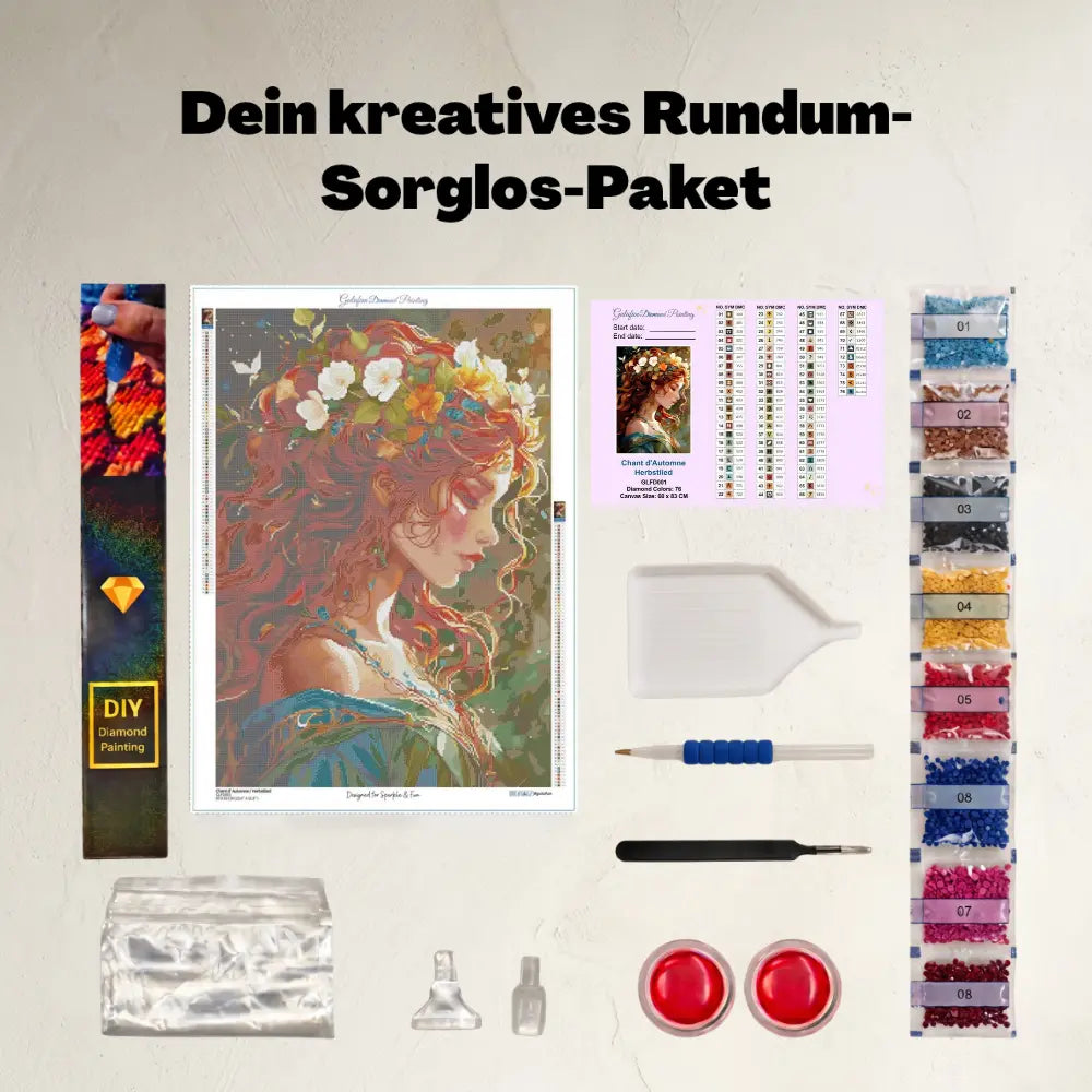 Lieferumfang des Gulufunart Diamond Painting Sets Herbstmelodie (GLFD001): Hochwertige Samt-Leinwand, bunte Diamanten-Beutel, Werkzeugstift mit ergonomischem Griff, Schüttelschale, Wachsdosen und Zubehör auf hellem Hintergrund.