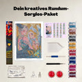 Lieferumfang des Gulufunart Diamond Painting Sets Schwanenengel (GLFD002): Hochwertige Samt-Leinwand, bunte Diamanten-Beutel, Werkzeugstift mit ergonomischem Griff, Schüttelschale, Wachsdosen und Zubehör auf hellem Hintergrund.