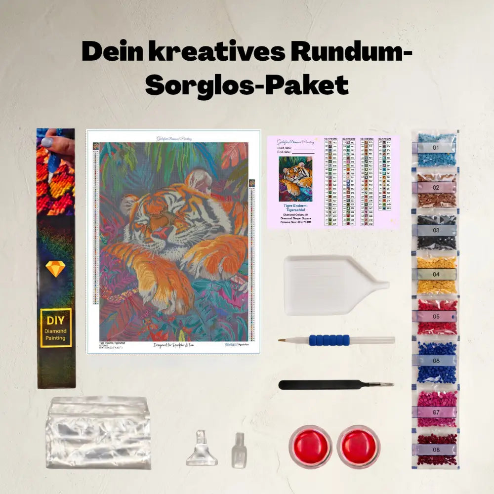 Lieferumfang des Gulufunart Diamond Painting Sets Tigerschlaf (GLFD003): Hochwertige Samt-Leinwand, bunte Diamanten-Beutel, Werkzeugstift mit ergonomischem Griff, Schüttelschale, Wachsdosen und Zubehör auf hellem Hintergrund.