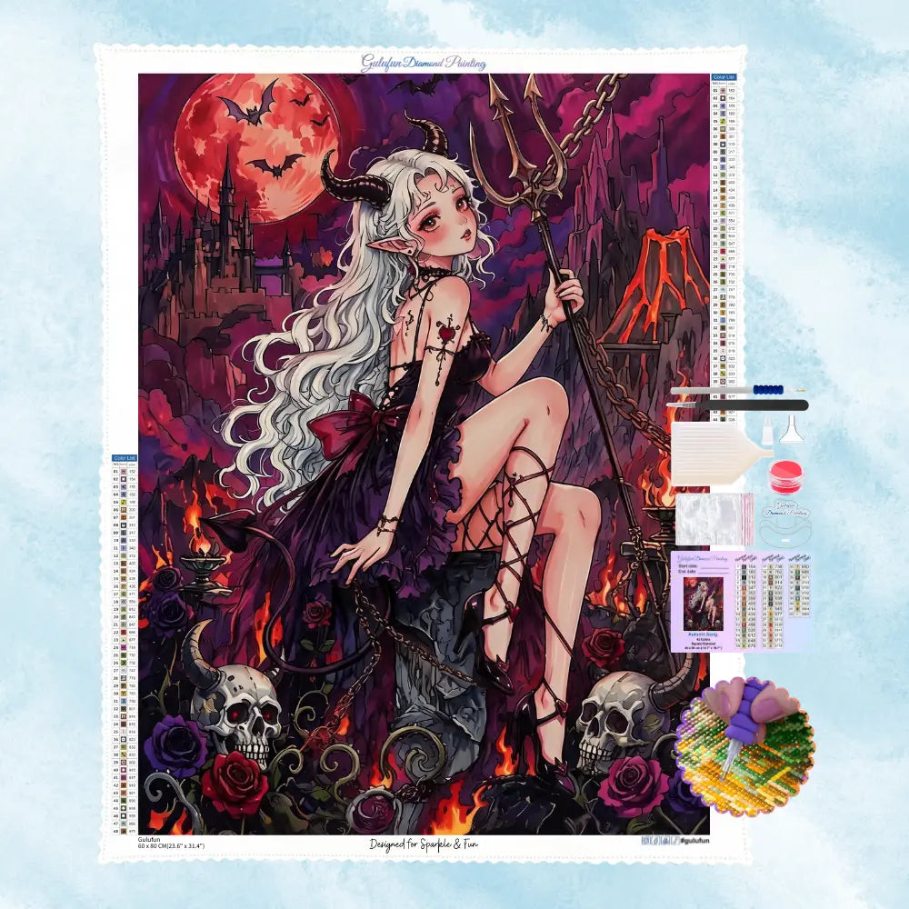 Das komplette Diamond Painting Set von gulufunart mit der Leinwand der Dämonenprinzessin unter dem roten Mond sowie dem passenden Zubehör.
