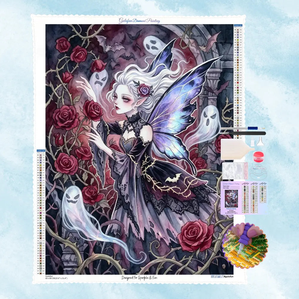 Komplettes Diamond Painting Set mit gother Motiv-Leinwand (Geisterfee und Geister), Setzstift, Klebewachs und Sortierschale von gulufunart.