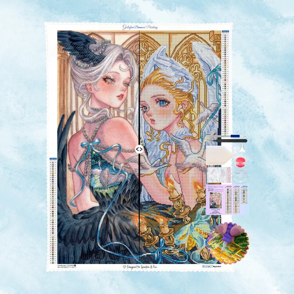 Produktübersicht des Gulufunart Diamond Painting Sets "Schwanenengel" im Format 60x82 cm. Die Abbildung zeigt die Gegenüberstellung von Originalkunstwerk und Leinwand-Vorschau mit 62 DMC-Farben, inklusive 2 Perleffekt- und 3 AB-Spezialsteinchen. Rechts ist das Zubehör-Set mit Profi-Stift, Wachs, Schale und den hochwertigen Resin-Ecksteinchen abgebildet.