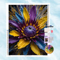 5D Diamond Painting Motiv: Eine dramatische Makro-Ansicht einer abstrakten Blume mit dicken, glänzenden Blütenblättern in Violett, Gelb und Blau, verziert mit Wassertropfen vor dunklem Hintergrund.