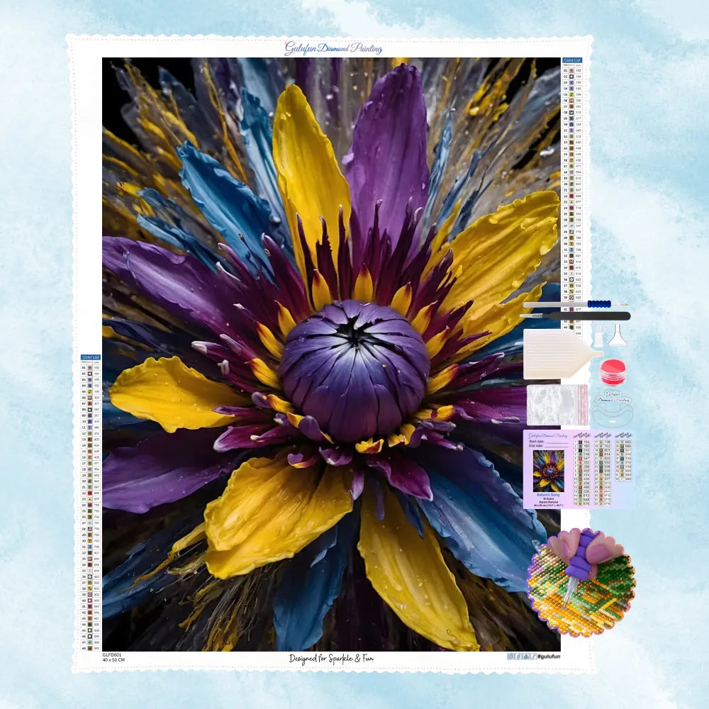 5D Diamond Painting Motiv: Eine dramatische Makro-Ansicht einer abstrakten Blume mit dicken, glänzenden Blütenblättern in Violett, Gelb und Blau, verziert mit Wassertropfen vor dunklem Hintergrund.