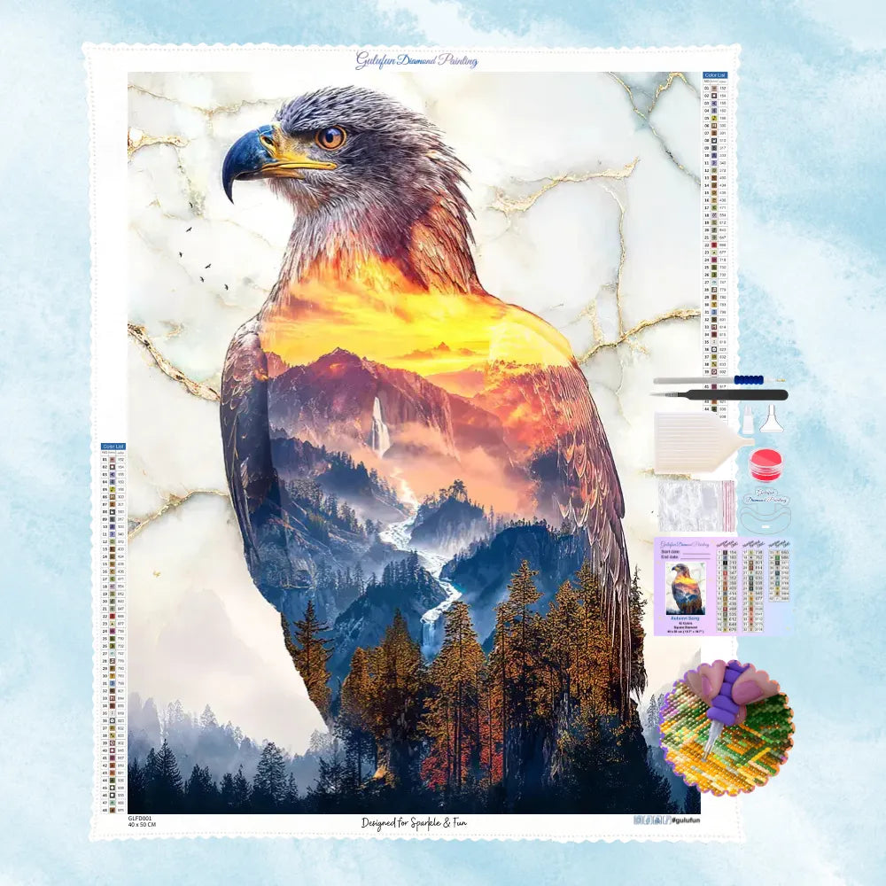 5D Diamond Painting Motiv: Majestätischer Adler mit Berglandschaft-Doppelbelichtung auf weißem Marmor-Hintergrund.