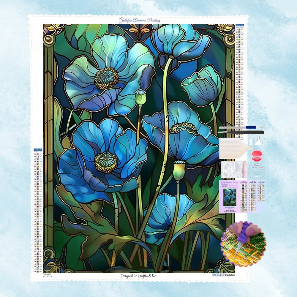 5D Diamond Painting Motiv: Blaue Mohnblumen im klassischen Buntglas-Stil mit goldenem Jugendstil-Rahmen.