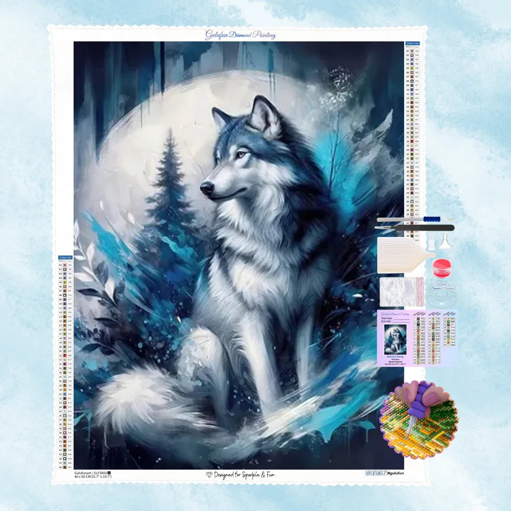 5D Diamond Painting Motiv: Ein majestätischer Wolf, gemalt im fließenden eisblauen Aquarell-Stil, sitzend vor einem Vollmond und verschneiten Tannen.