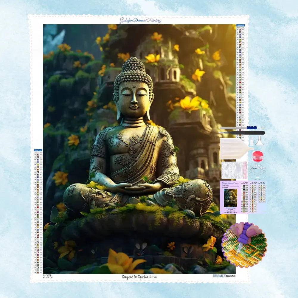 5D Diamond Painting Motiv: Ein sitzender Stein-Buddha, bewachsen mit Moos, inmitten von Ruinen und gelben Blumen im Sonnenlicht.