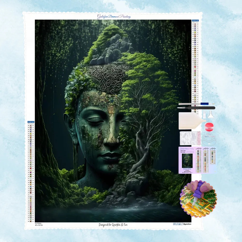 5D Diamond Painting Motiv: Ein großer Stein-Buddha-Kopf, der von Moos und Bäumen im Dschungel bewachsen ist.