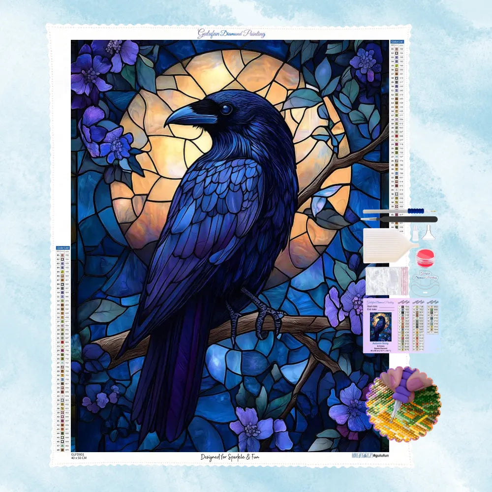 5D Diamond Painting Motiv: bunte robin im abstrakten Kunst-Stil mit Feder-Mustern wie Blumen auf einem Ast.
