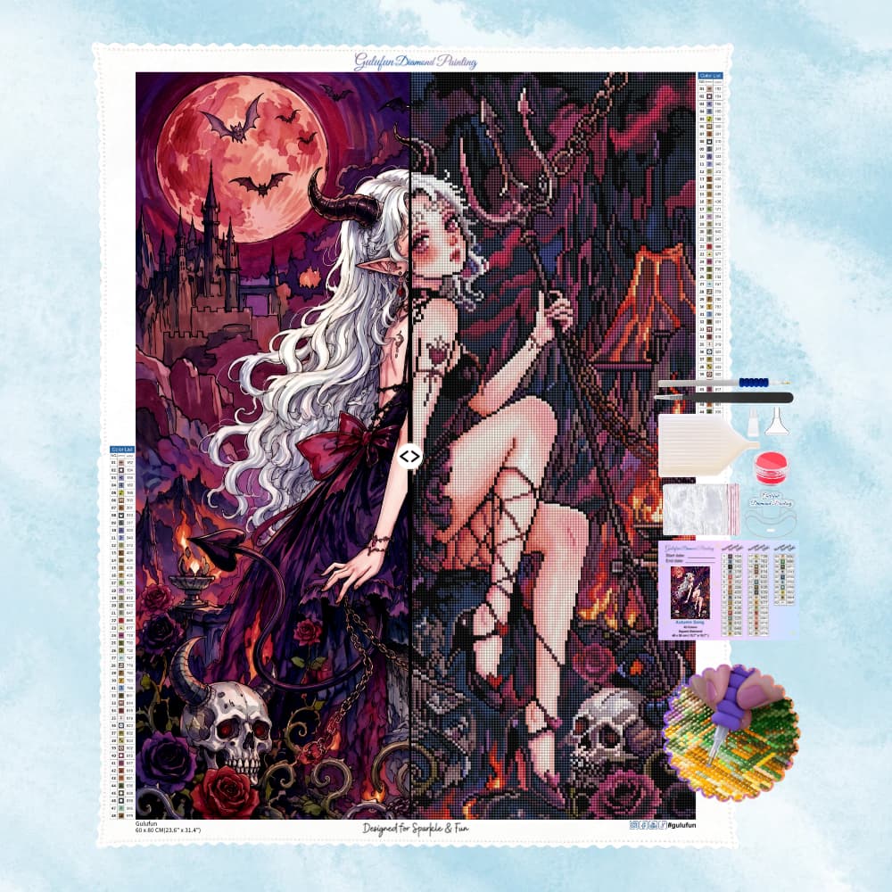 Vollständiges Diamond Painting Set einer Gothic-Dämonin mit Leinwand, Steinchen und Werkzeugzubehör