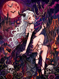 Gothic-Illustration einer Dämonen-Prinzessin inmitten von Totenköpfen und Rosen im roten Mondschein