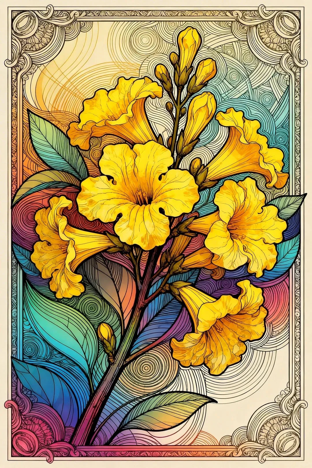 Nahaufnahme der strahlenden Steine und der feinen ornamentalen Linien für das Jugendstil Blumen Set