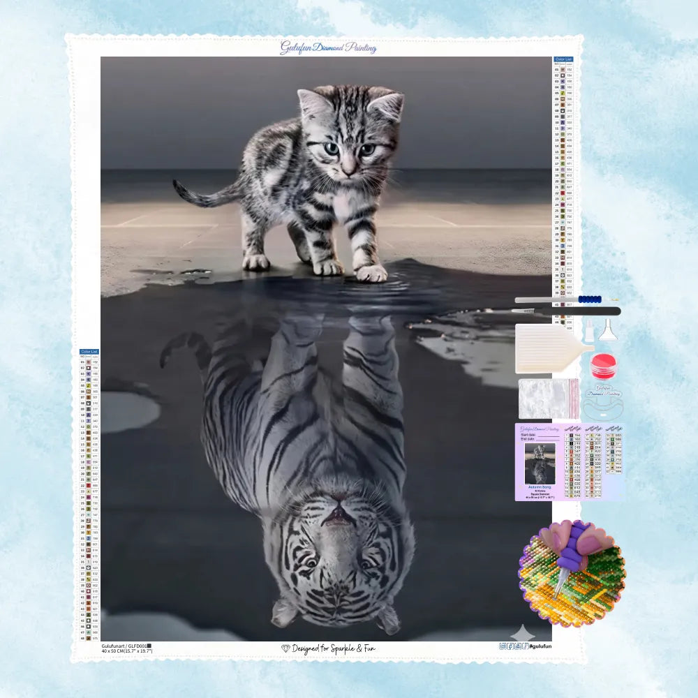 Diamant Mosaik-Kunst Motiv eines kleinen Kätzchens, das in einer Pfütze das Spiegelbild eines mächtigen weißen Tigers sieht