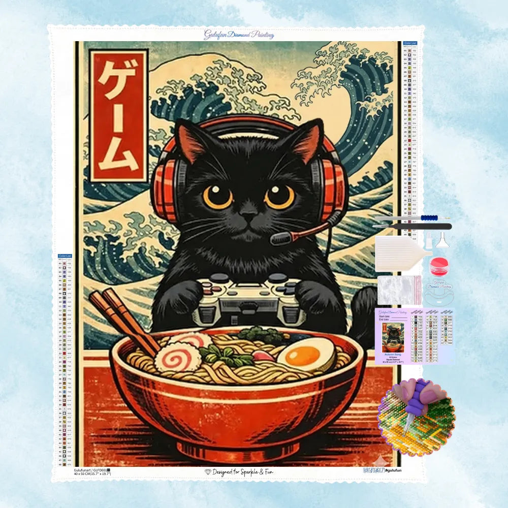 5D Diamant Stickerei Motiv einer schwarzen Gamer Katze mit Controller und Headset vor einer Schüssel Ramen und der großen Japan Welle