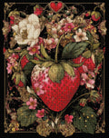 Fertiggestelltes Diamantmalerei Bild des botanischen Erdbeermotivs als gerahmte Wanddekoration im Essbereich.