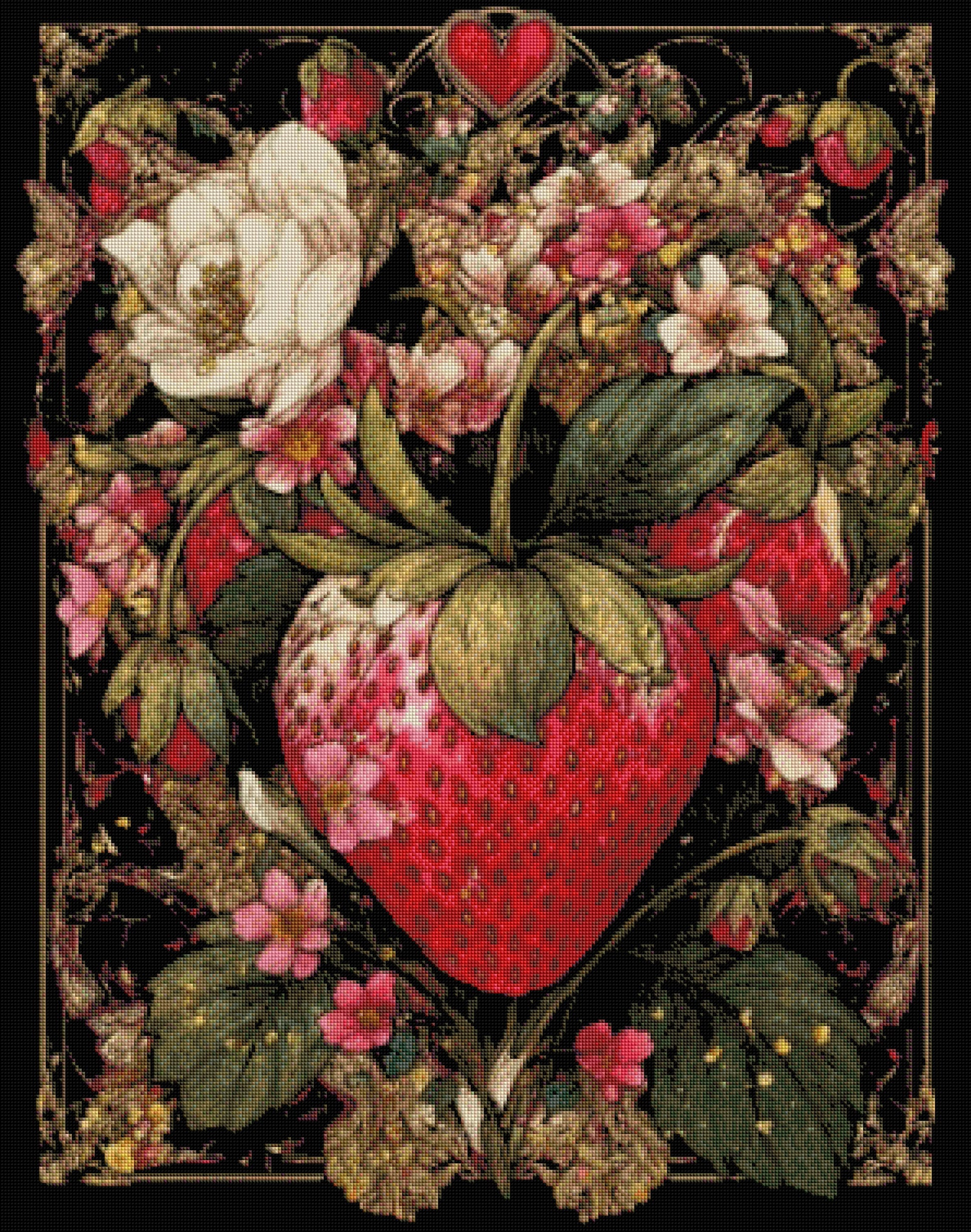 Fertiggestelltes Diamantmalerei Bild des botanischen Erdbeermotivs als gerahmte Wanddekoration im Essbereich.